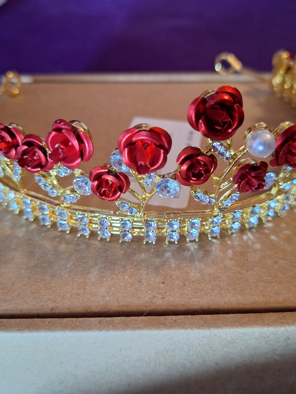 Gold Floral Red Rose Tiara Headband